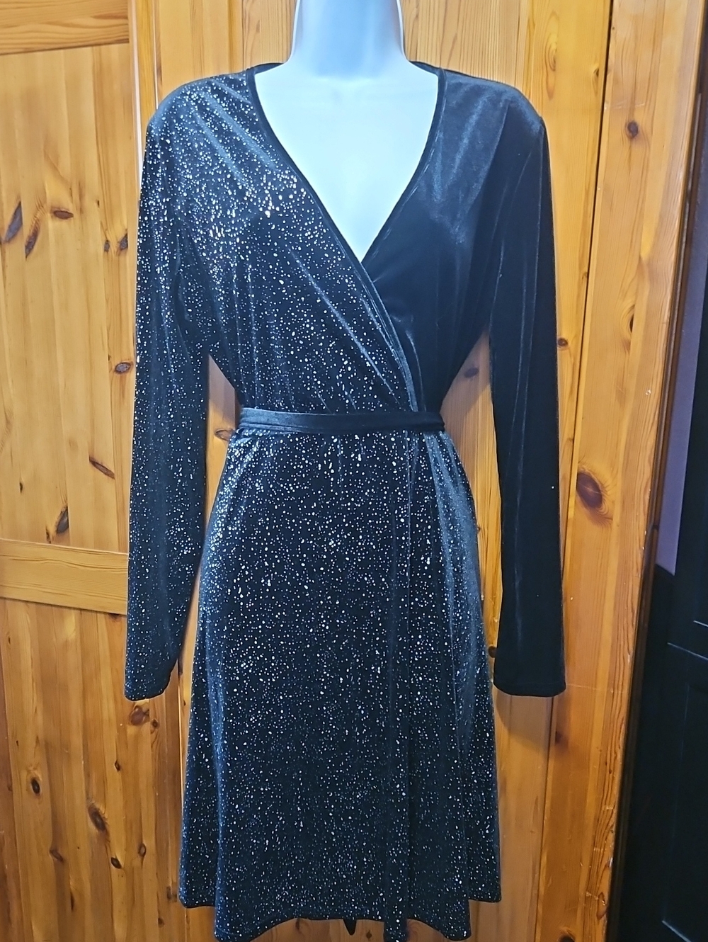Black Velvet Sparkle Wrap Dress - Women's Evening Dress